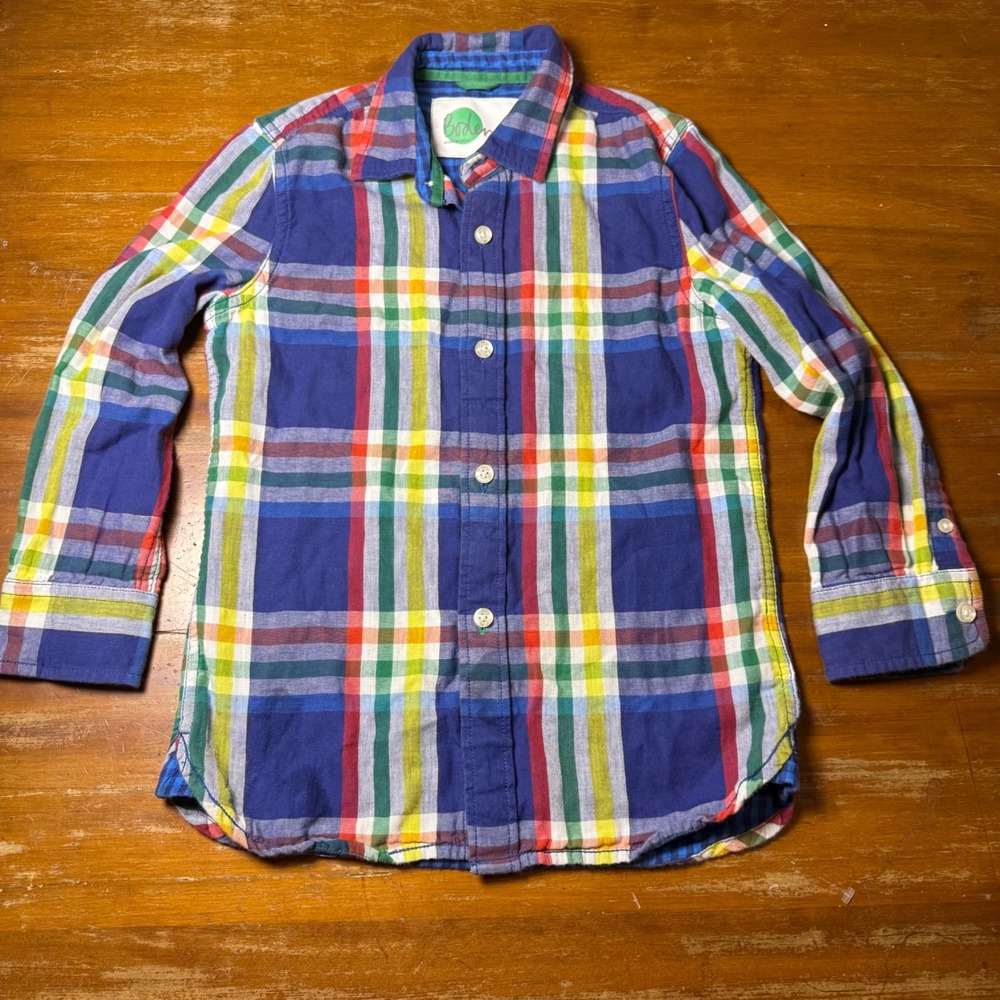 Boden Boys Plaid Button Up Shirt Long Sleeve Colorful‎ Lined Flannel Sz 6-7